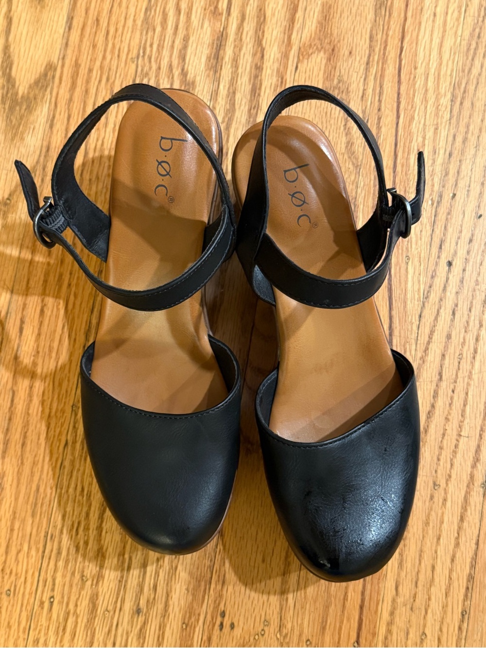 boc Black Leather Ankle Strap Clogs